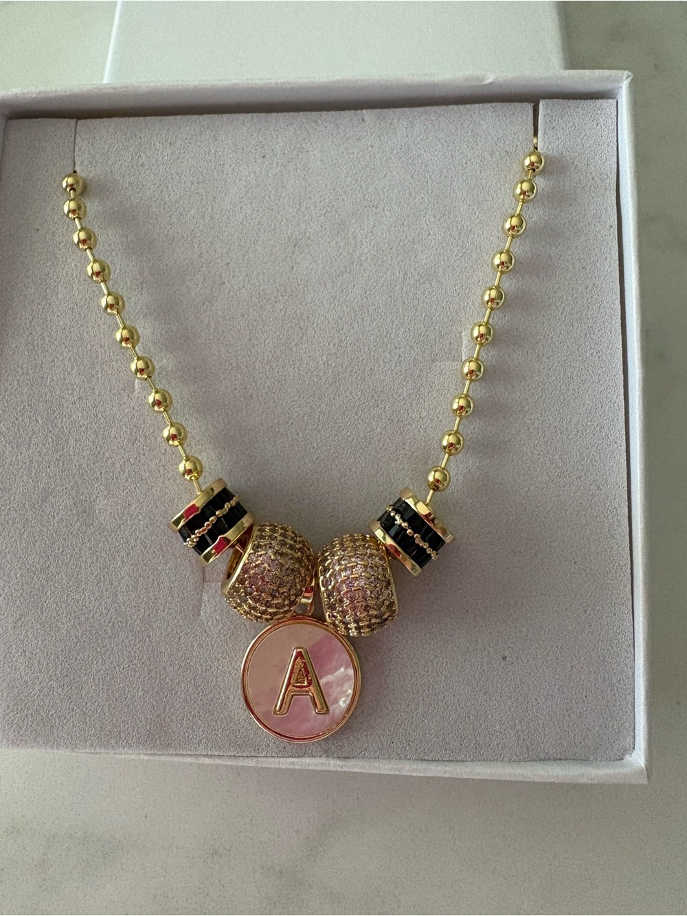 Bead Necklace with Pink Initial 'A' Pendant
